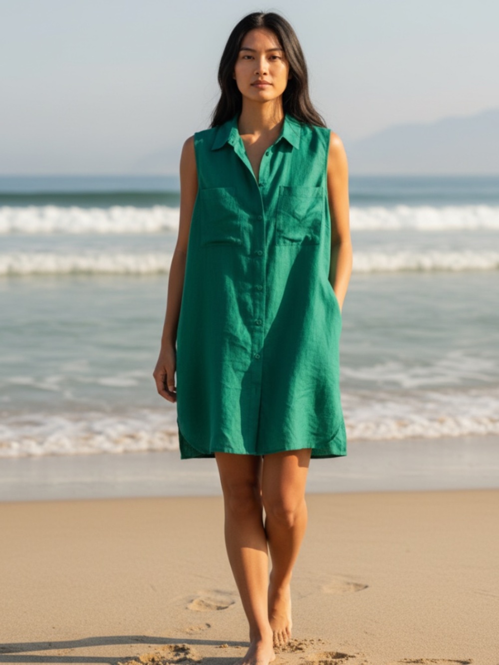 Chicos Sz 3 (XL 1X 16 18) Long Tunic Shirt Top Cover Up LINEN Teal Green Slvlss